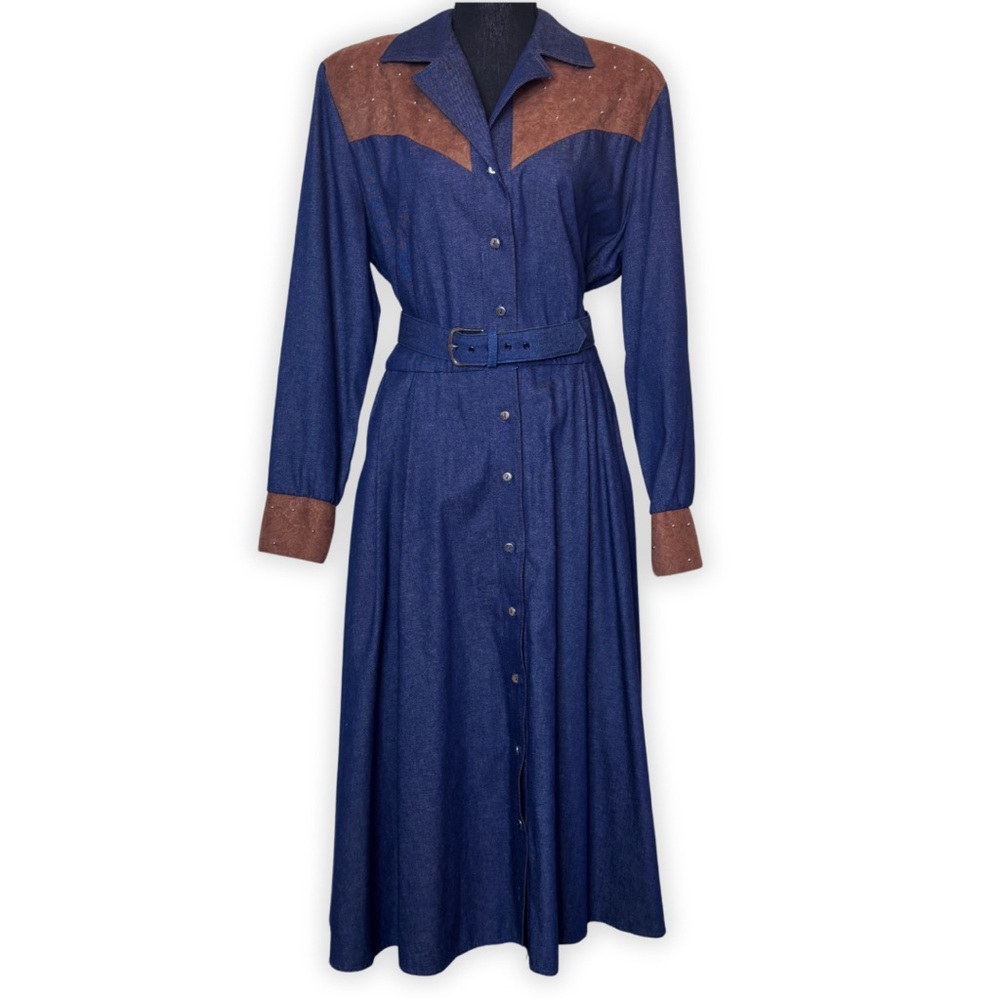 Vintage Blue and Brown Maxi Shirt Dress with Belt
